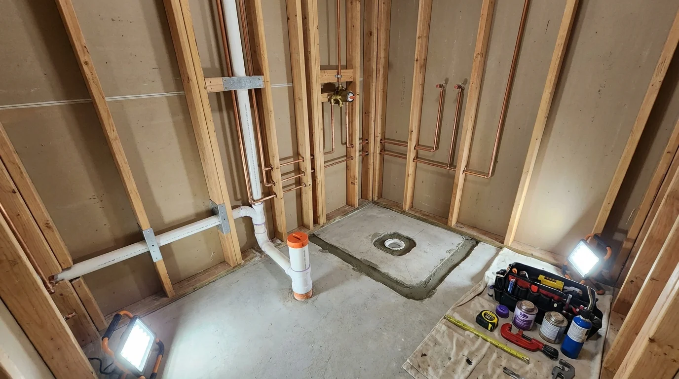 Bathroom rough-in plumbing during remodel by Johns Plumbing LLC in Buffalo
