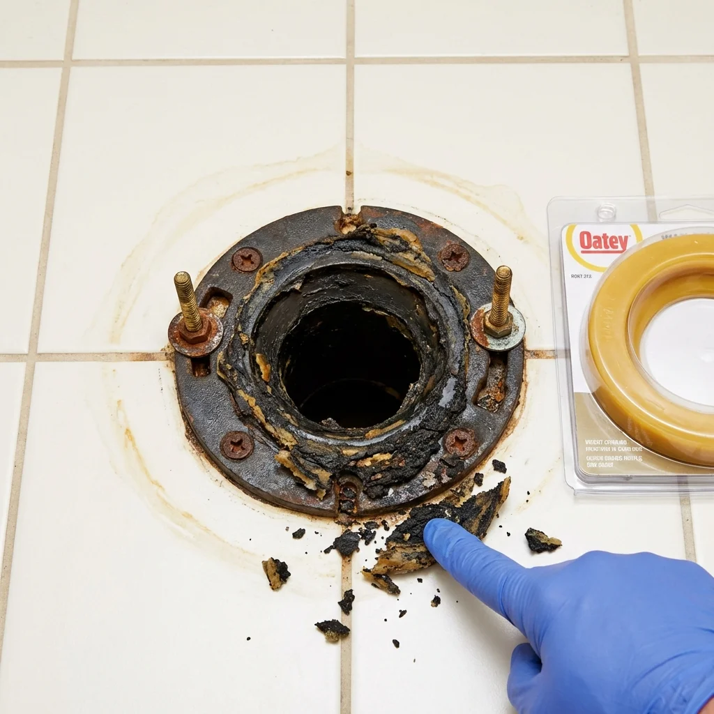 Failed wax ring showing water seepage at the base of a toilet in a Buffalo, IA home